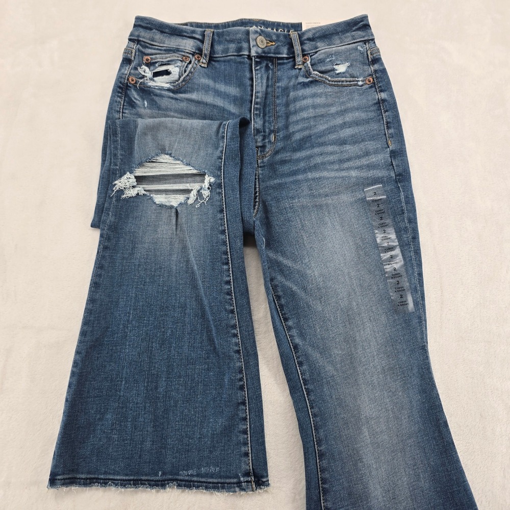 American Eagle Jeans Womens 2 Curvy Super Hi-Rise Flare Blue Distressed Stretch